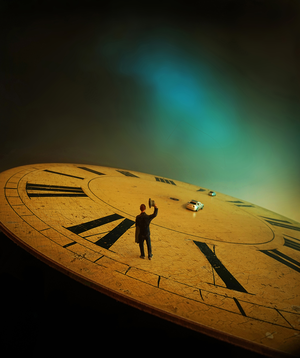 Man standing an a clock with ambient lighting