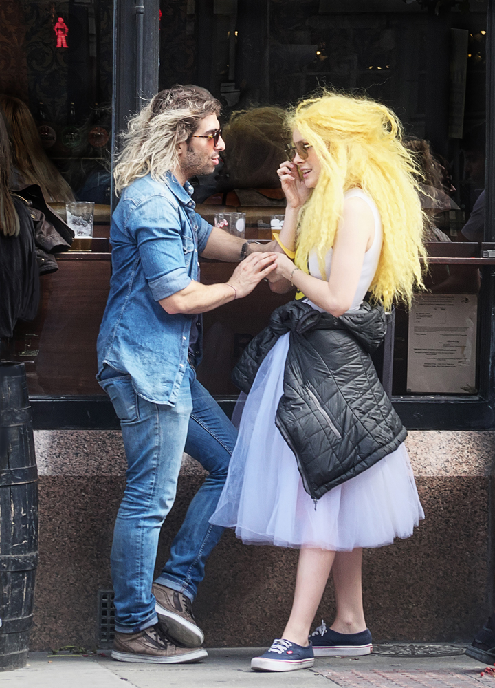 Street photography, lovers, yellow wig, fairy costume, man in denim, London, UK