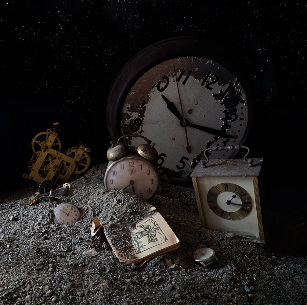 Still life, old clocks, timepiece, depiction of time, grim reaper, book